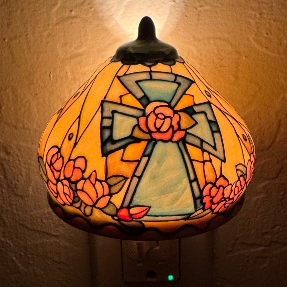 Vintage Stained Glass Style Cross Rose Ceramic Night Light Plug-In Cottagecore